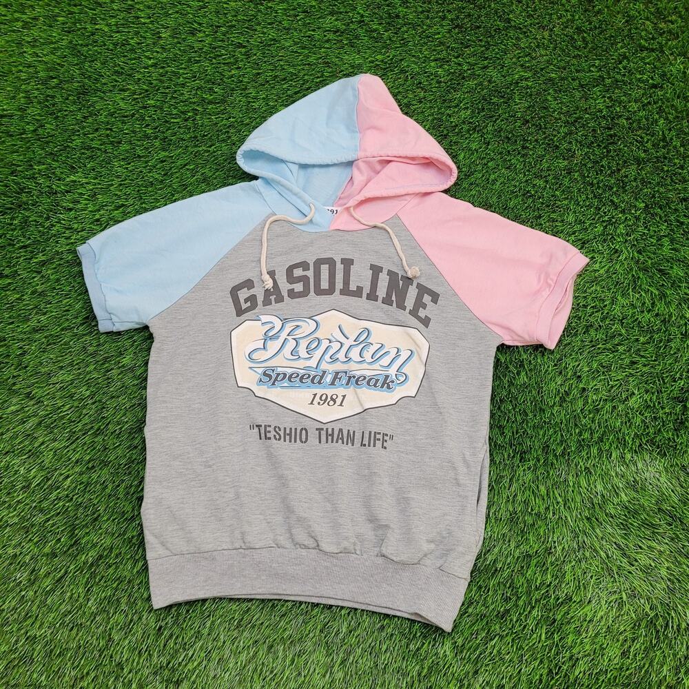 Vintage 80s Gasoline Hoodie Womens Medium 19x22 Gray Pink Blue
